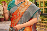 Orange Banarasi Soft Silk Saree with Teal Silver Jaal Border
