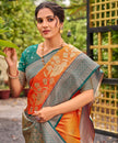 Orange Banarasi Soft Silk Saree with Teal Silver Jaal Border