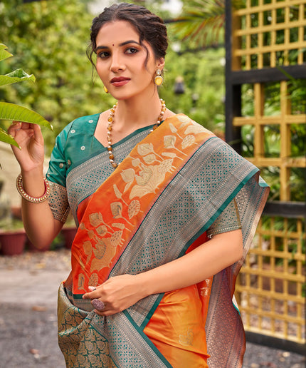 Orange Banarasi Soft Silk Saree with Teal Silver Jaal Border