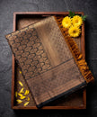 Orange Banarasi Soft Silk Saree with Teal Silver Jaal Border