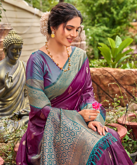 Violet Banarasi Soft Silk Saree with Teal Blue Border