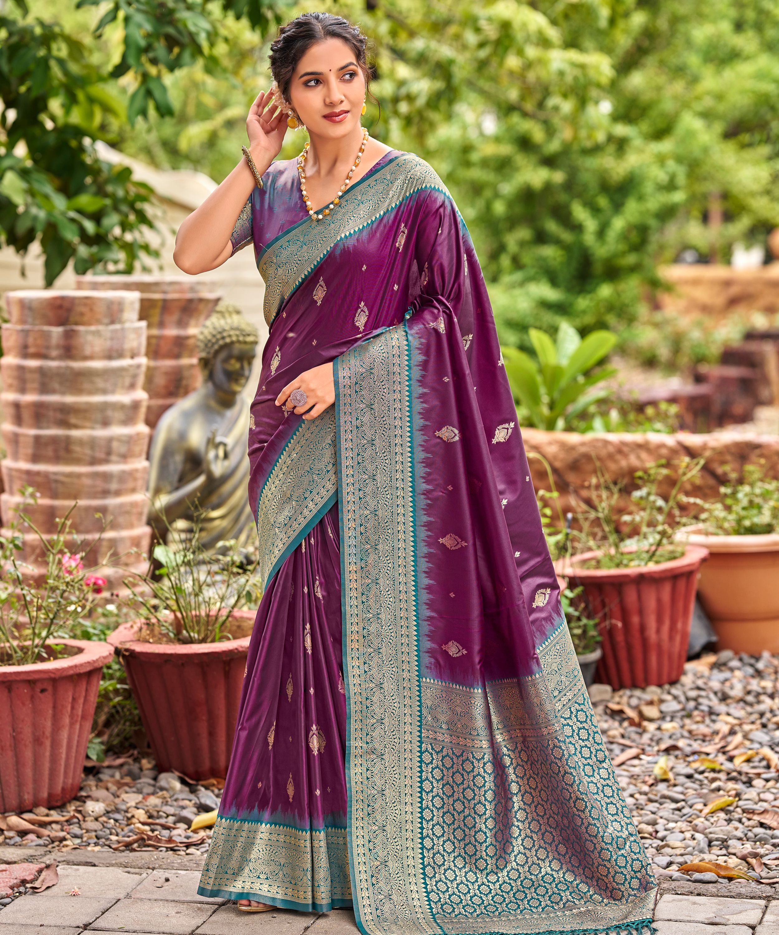 Violet Banarasi Soft Silk Saree with Teal Blue Border