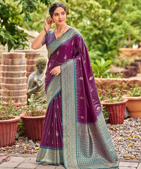 Violet Banarasi Soft Silk Saree with Teal Blue Border