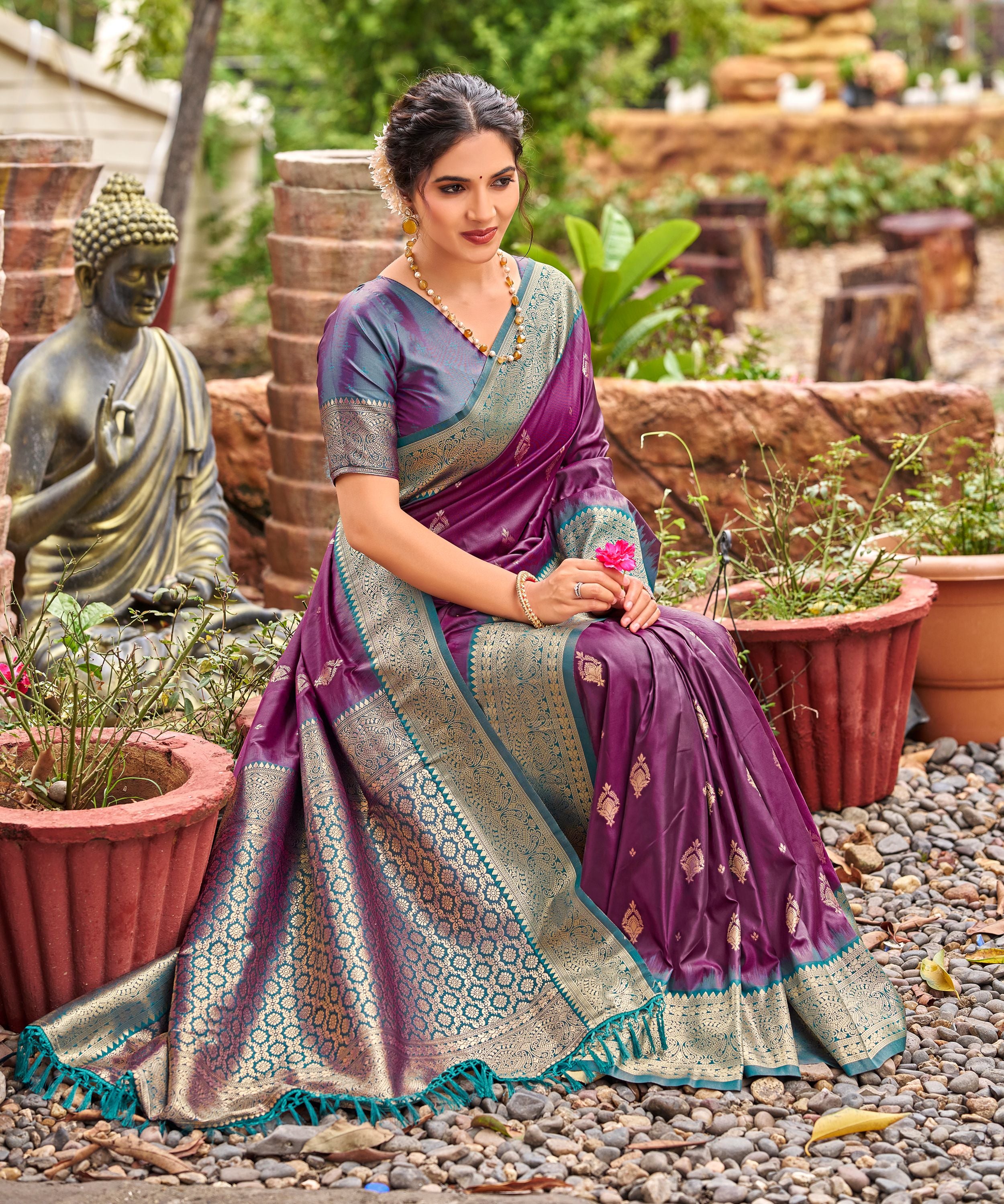 Violet Banarasi Soft Silk Saree with Teal Blue Border