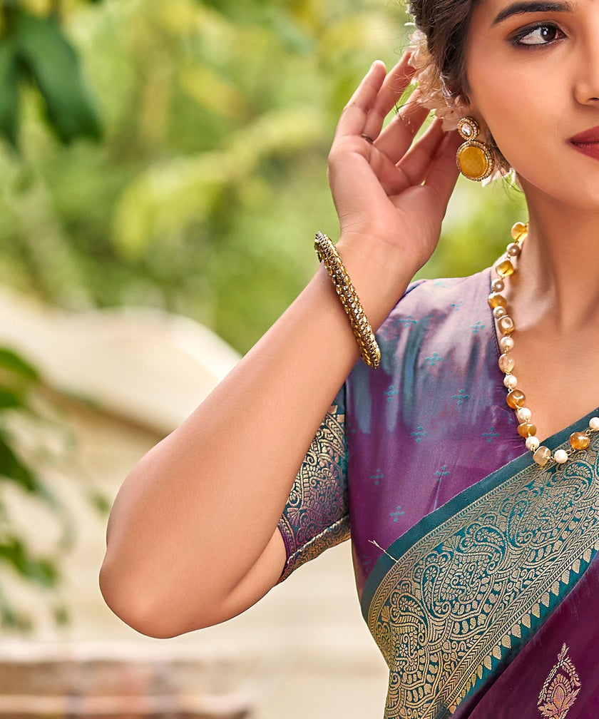 Violet Banarasi Soft Silk Saree with Teal Blue Border