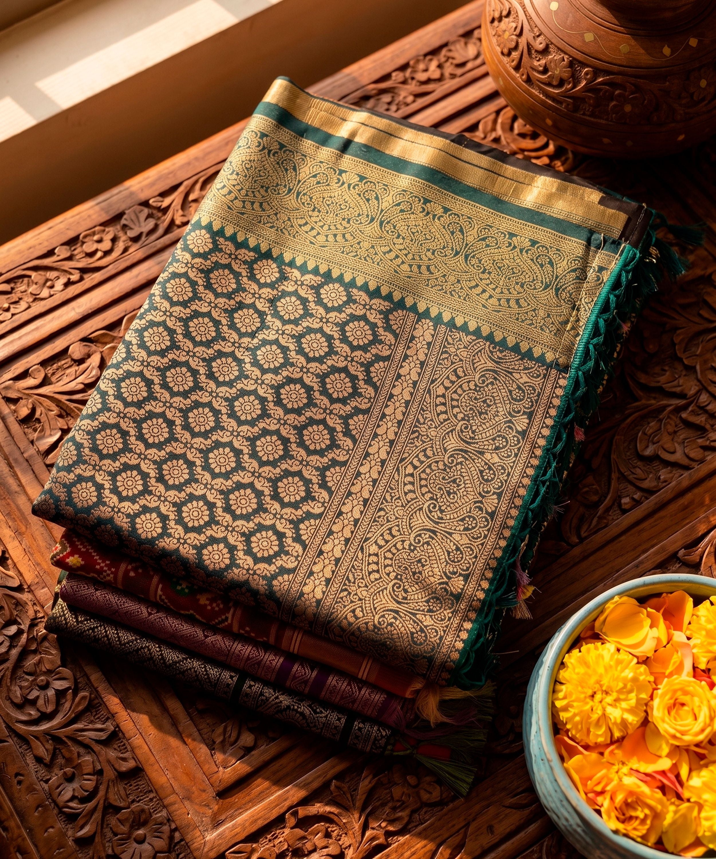 Violet Banarasi Soft Silk Saree with Teal Blue Border