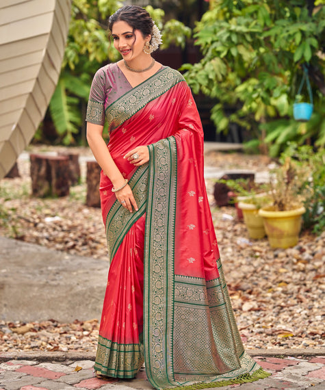 Red Banarasi Soft Silk Saree with Emerald Green Border