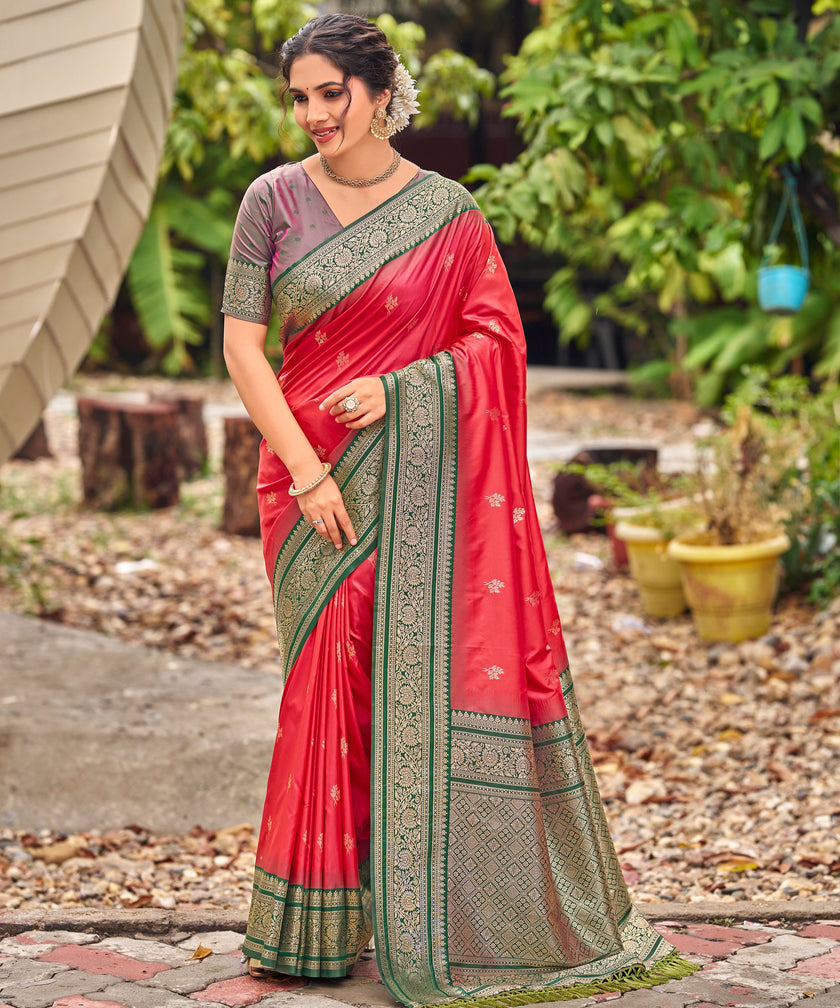 Red Banarasi Soft Silk Saree with Emerald Green Border