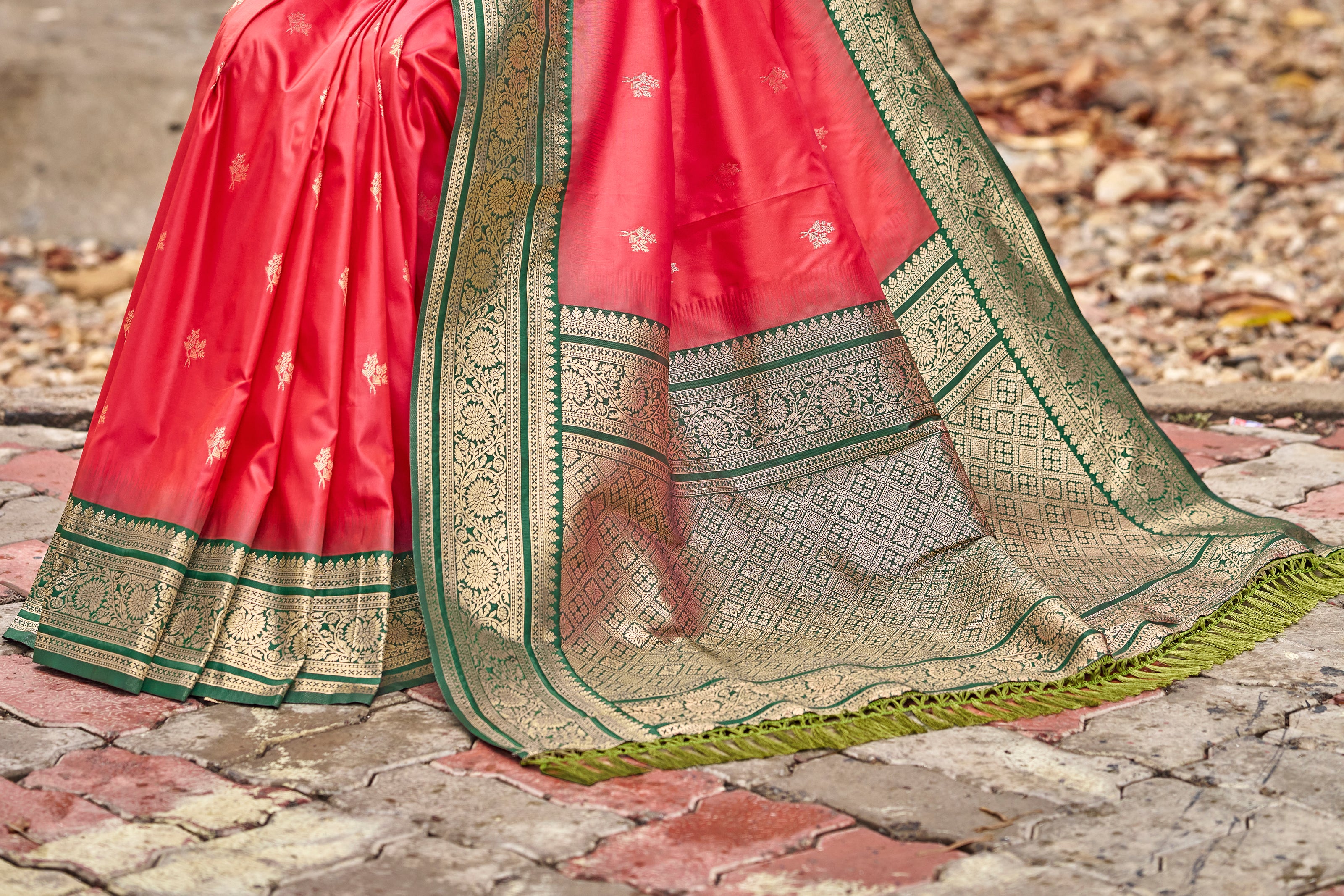 Red Banarasi Soft Silk Saree with Emerald Green Border