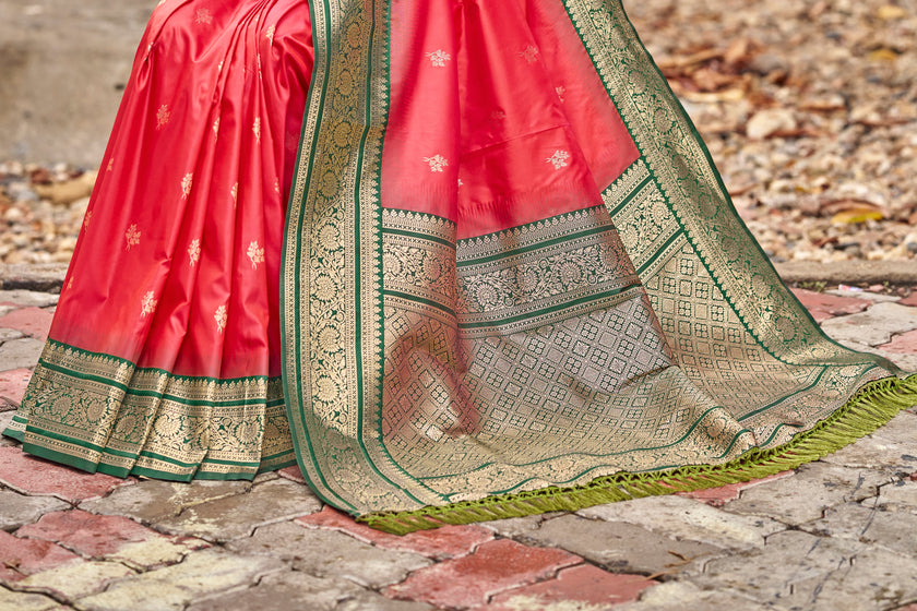 Red Banarasi Soft Silk Saree with Emerald Green Border