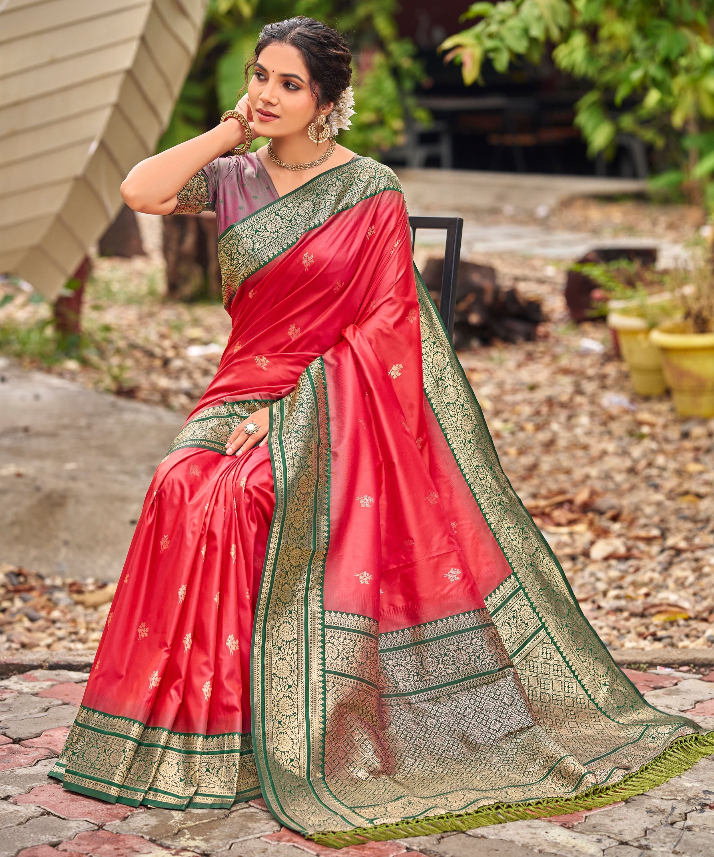 Red Banarasi Soft Silk Saree with Emerald Green Border