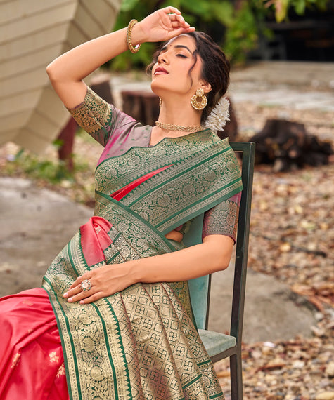 Red Banarasi Soft Silk Saree with Emerald Green Border