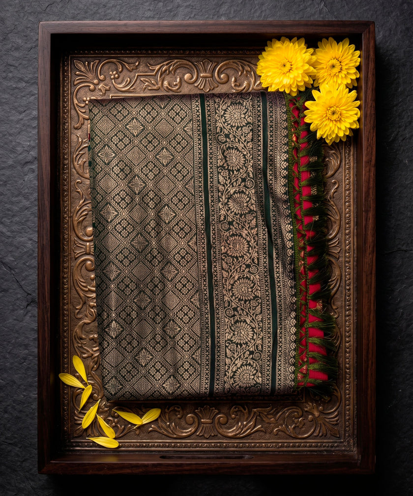 Red Banarasi Soft Silk Saree with Emerald Green Border