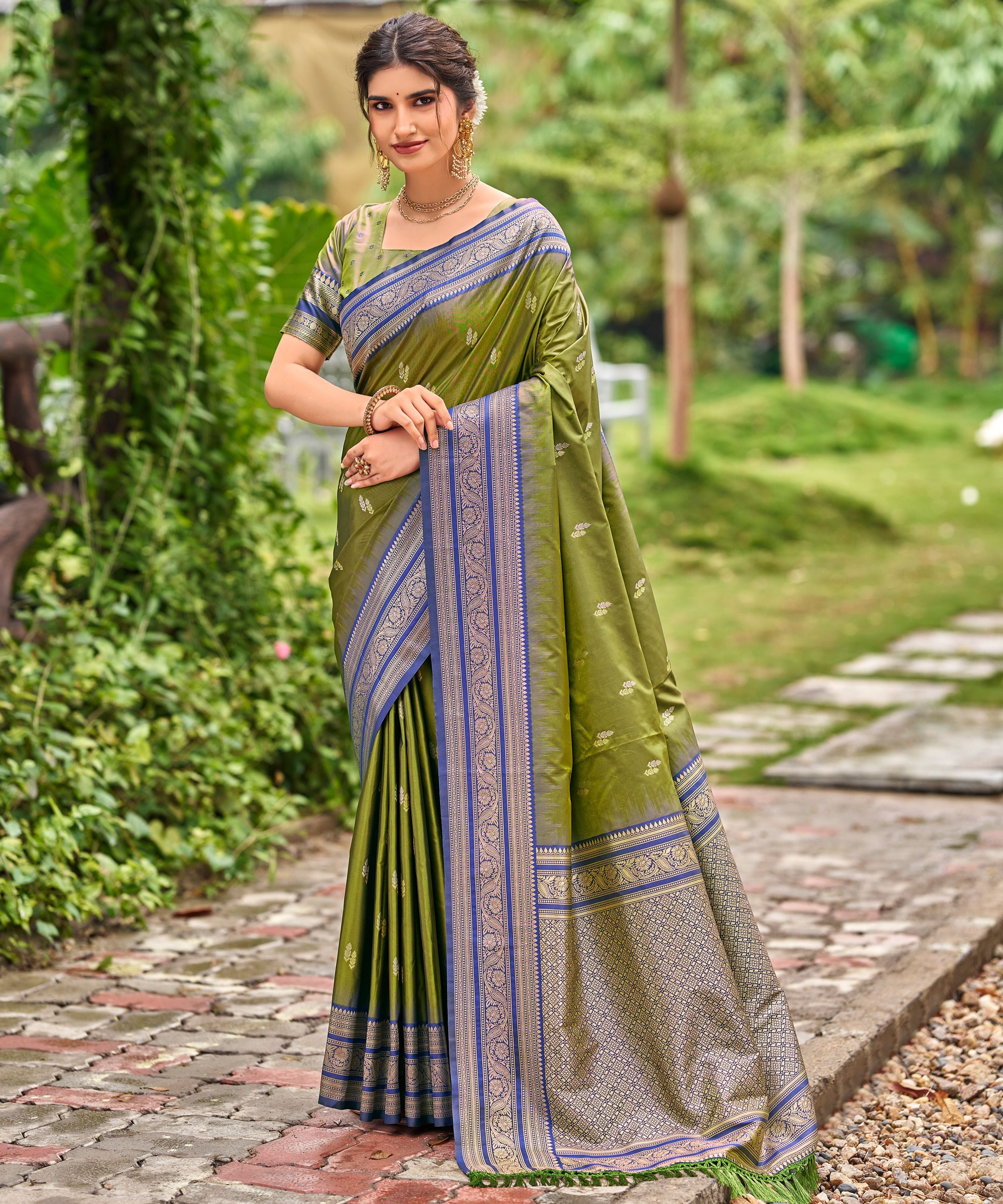 Olive Green Banarasi Soft Silk Saree with Royal Blue Border
