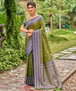 Olive Green Banarasi Soft Silk Saree with Royal Blue Border