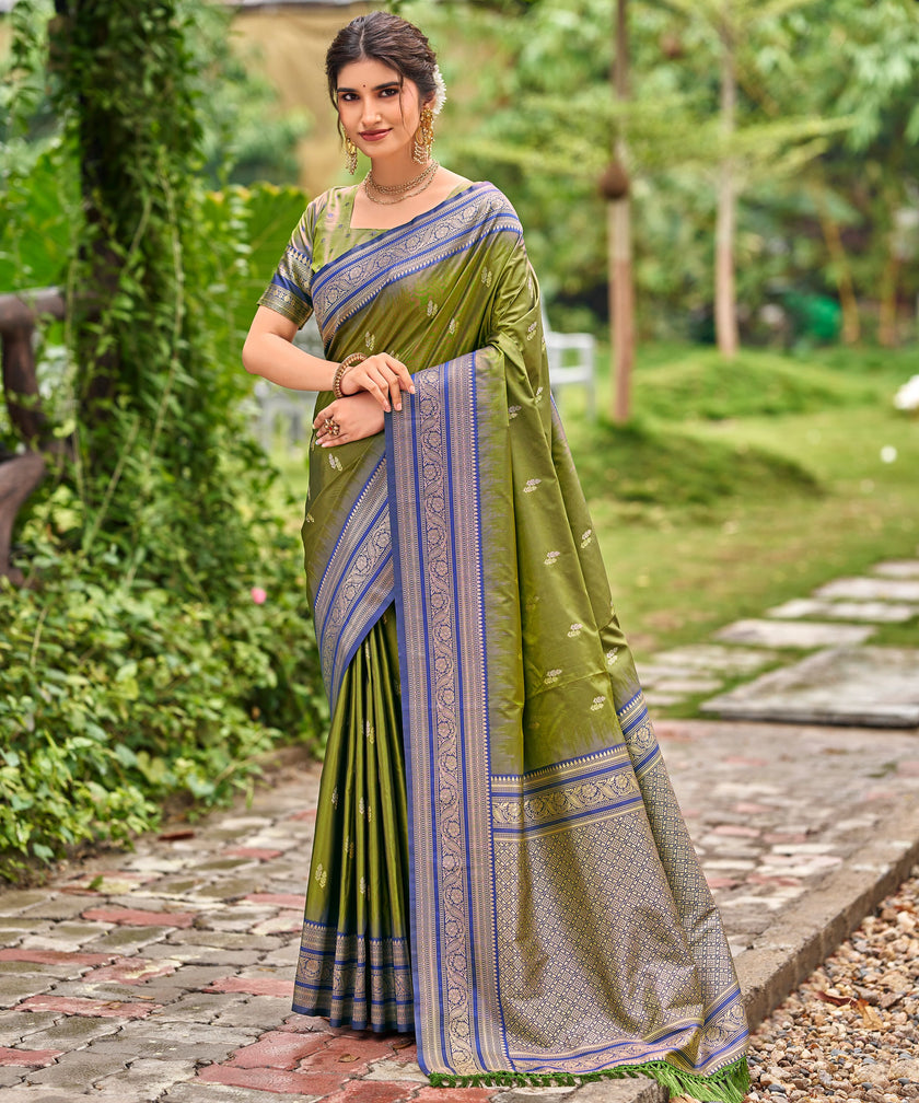Olive Green Banarasi Soft Silk Saree with Royal Blue Border