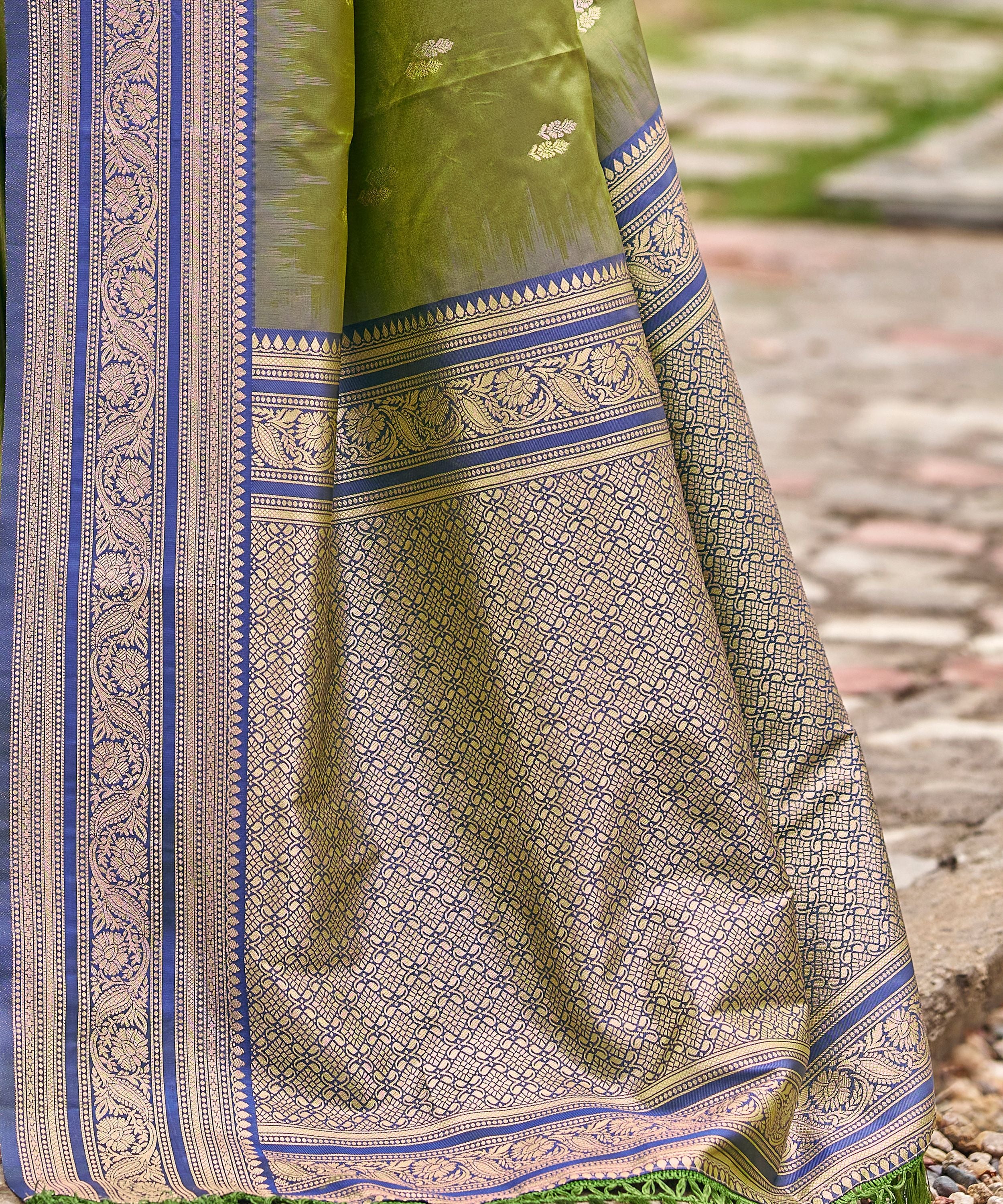Olive Green Banarasi Soft Silk Saree with Royal Blue Border