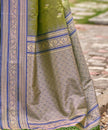 Olive Green Banarasi Soft Silk Saree with Royal Blue Border