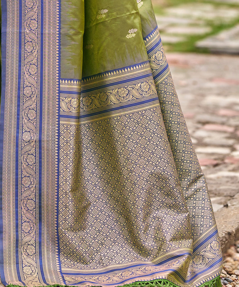 Olive Green Banarasi Soft Silk Saree with Royal Blue Border