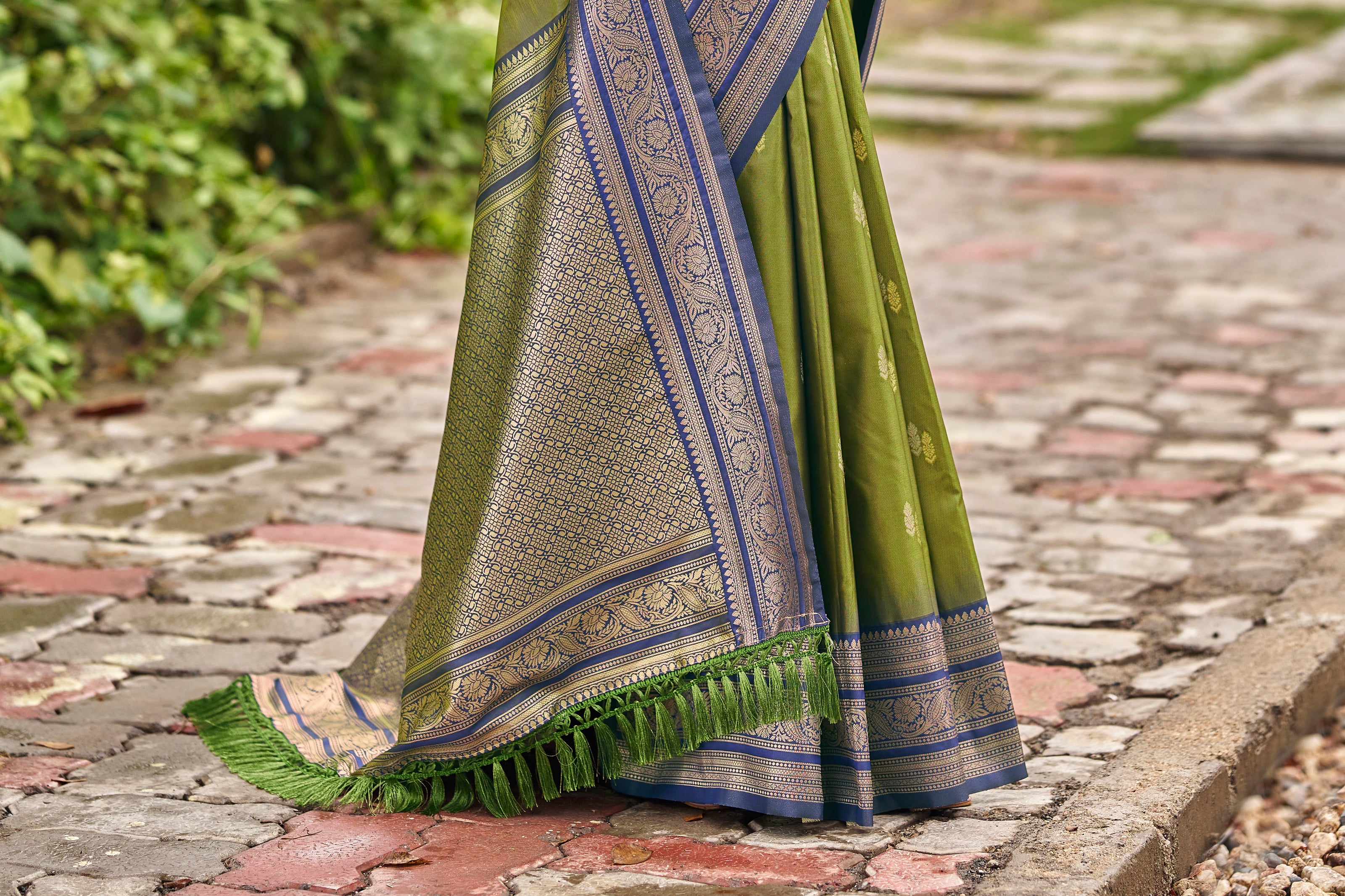 Olive Green Banarasi Soft Silk Saree with Royal Blue Border
