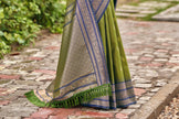 Olive Green Banarasi Soft Silk Saree with Royal Blue Border