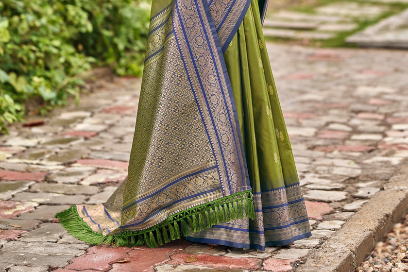 Olive Green Banarasi Soft Silk Saree with Royal Blue Border