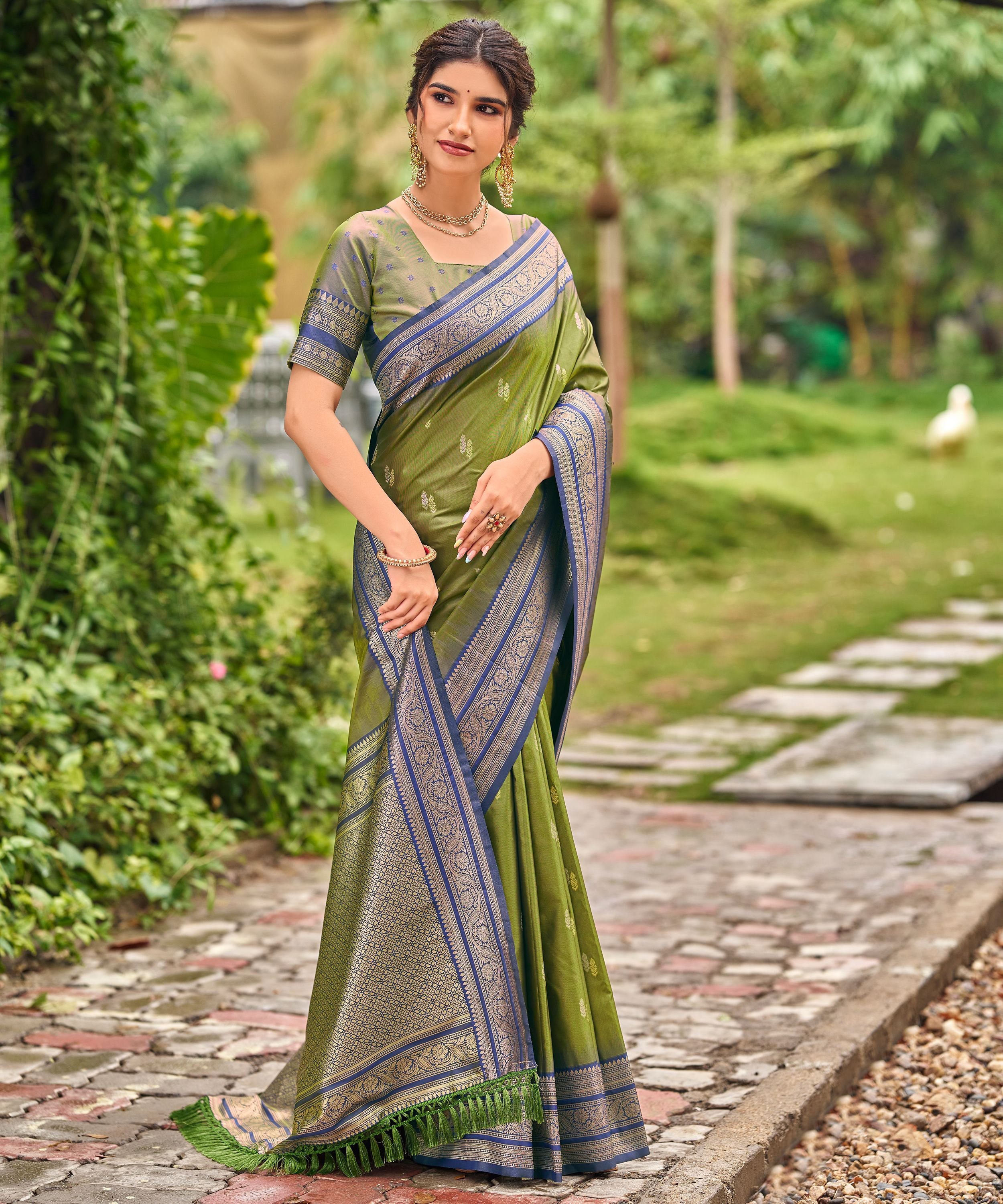 Olive Green Banarasi Soft Silk Saree with Royal Blue Border