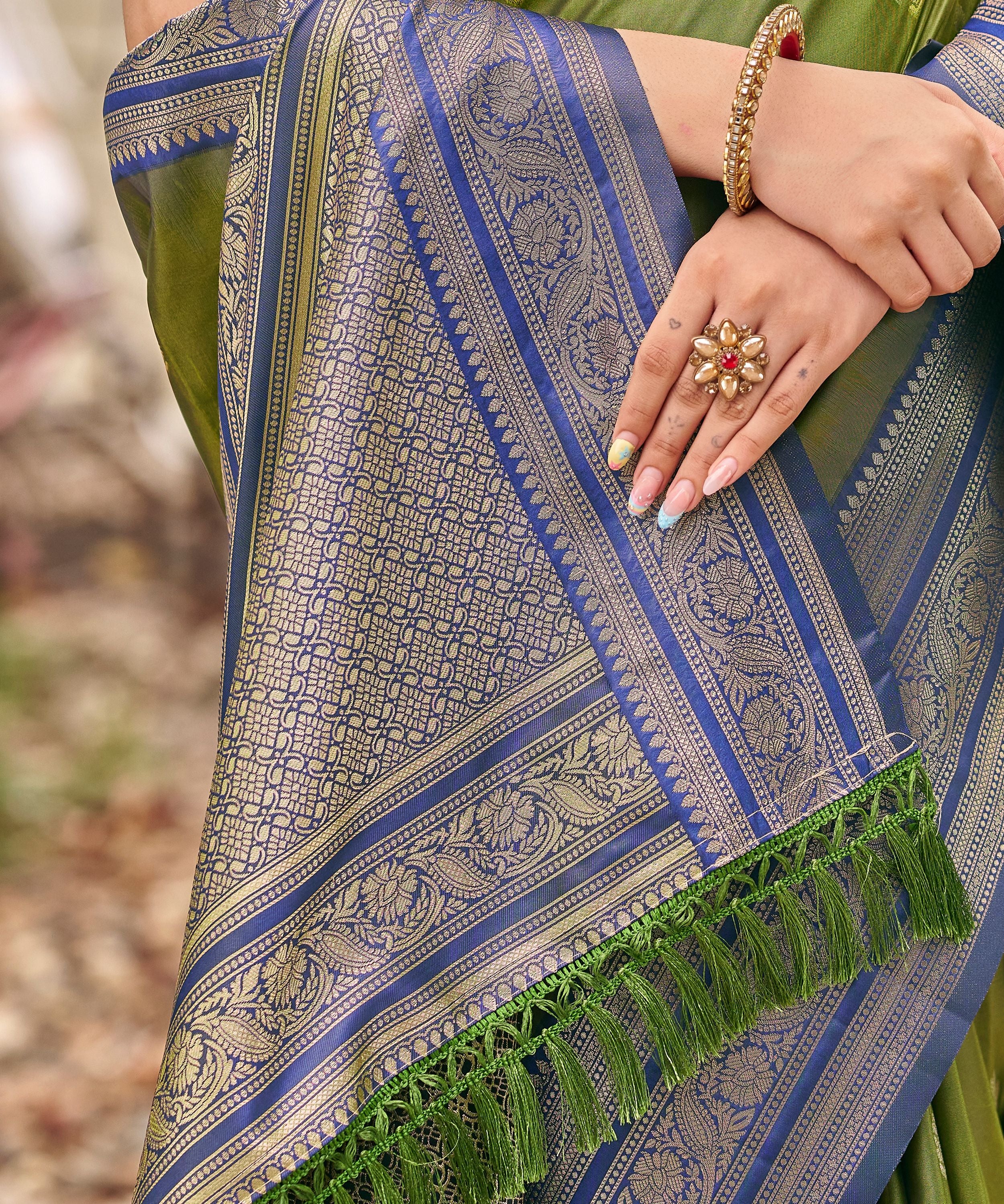 Olive Green Banarasi Soft Silk Saree with Royal Blue Border