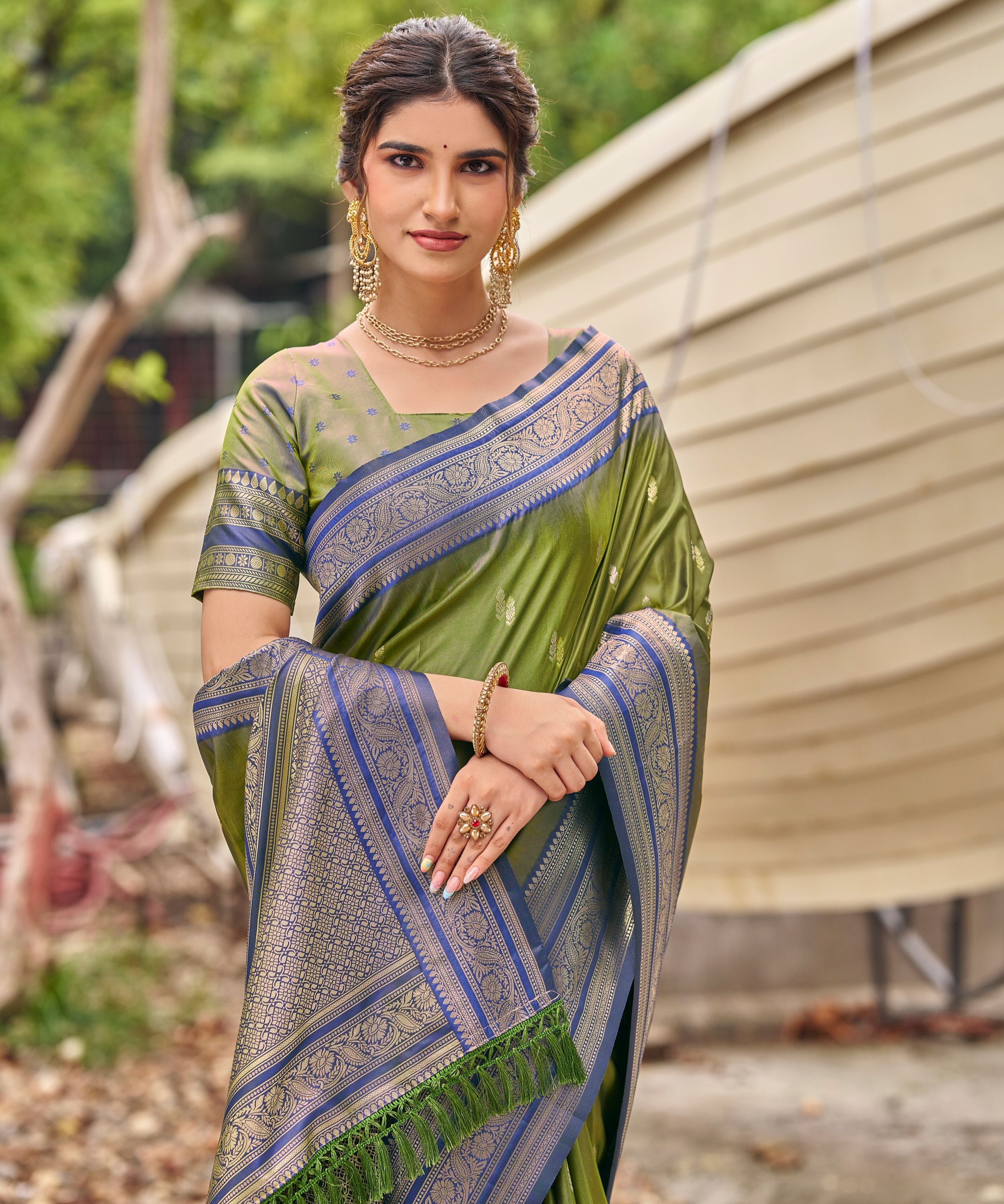 Olive Green Banarasi Soft Silk Saree with Royal Blue Border