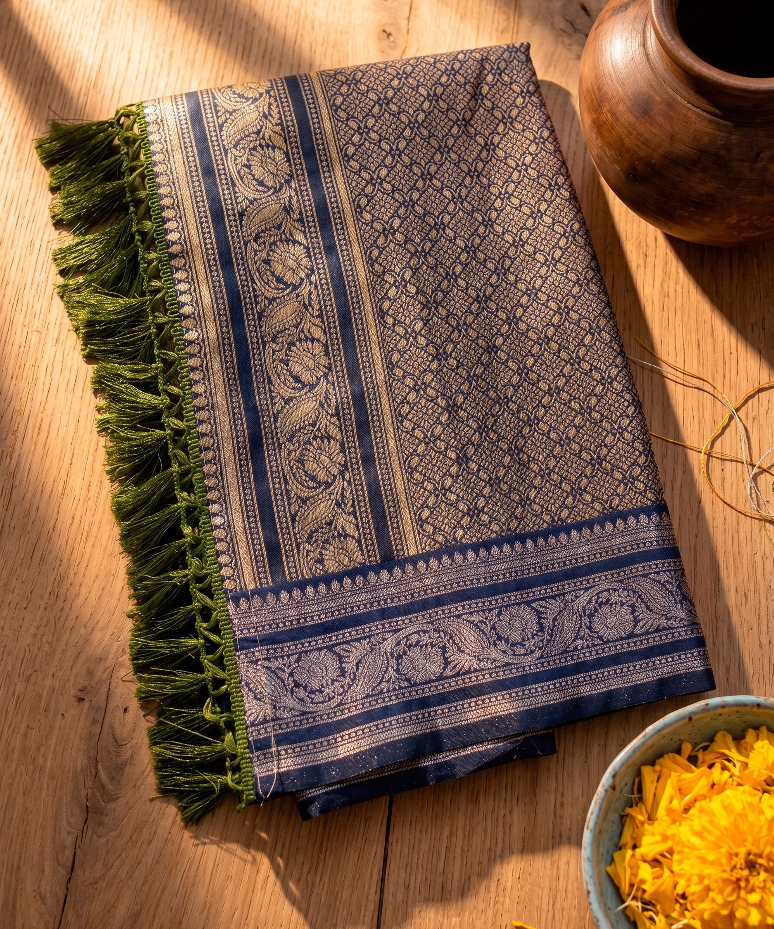 Olive Green Banarasi Soft Silk Saree with Royal Blue Border