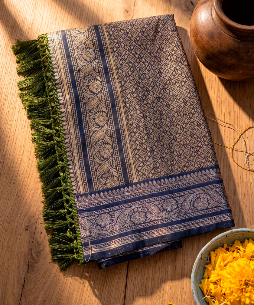 Olive Green Banarasi Soft Silk Saree with Royal Blue Border