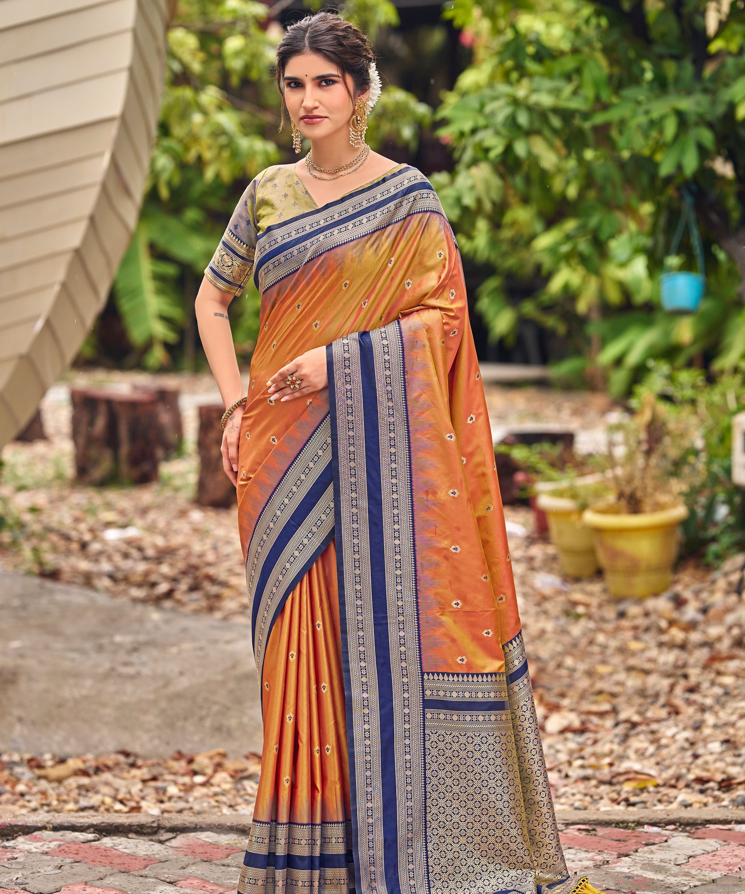 Orange Banarasi Soft Silk Saree with Navy Blue Border