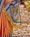 Orange Banarasi Soft Silk Saree with Navy Blue Border