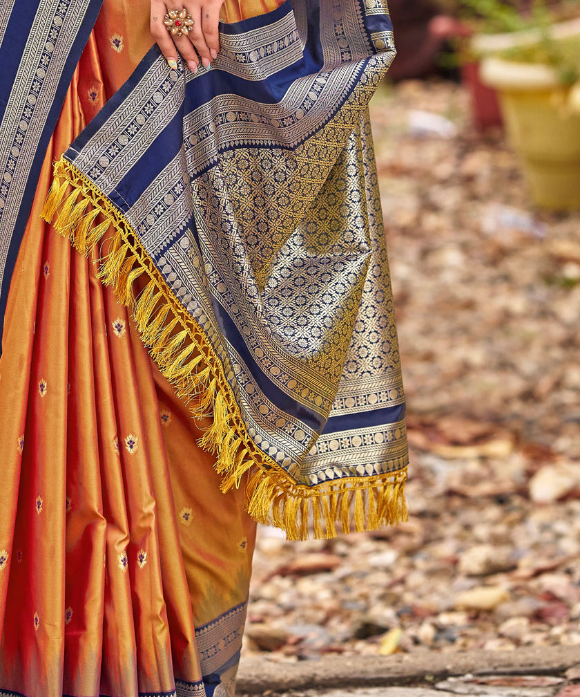 Orange Banarasi Soft Silk Saree with Navy Blue Border