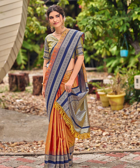 Orange Banarasi Soft Silk Saree with Navy Blue Border