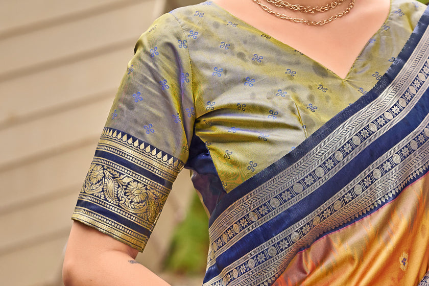 Orange Banarasi Soft Silk Saree with Navy Blue Border