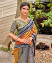 Orange Banarasi Soft Silk Saree with Navy Blue Border
