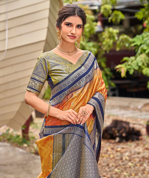 Orange Banarasi Soft Silk Saree with Navy Blue Border