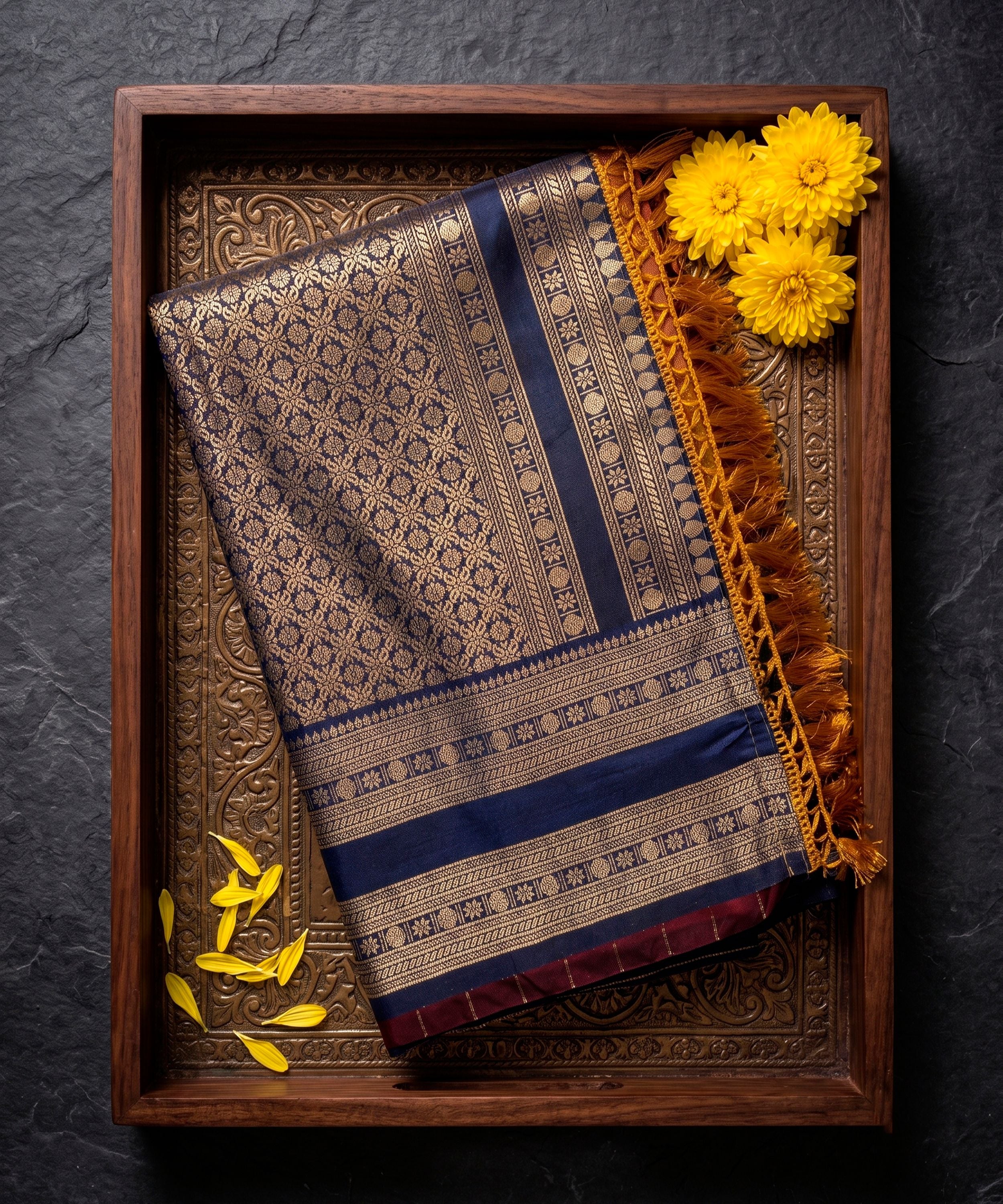 Orange Banarasi Soft Silk Saree with Navy Blue Border