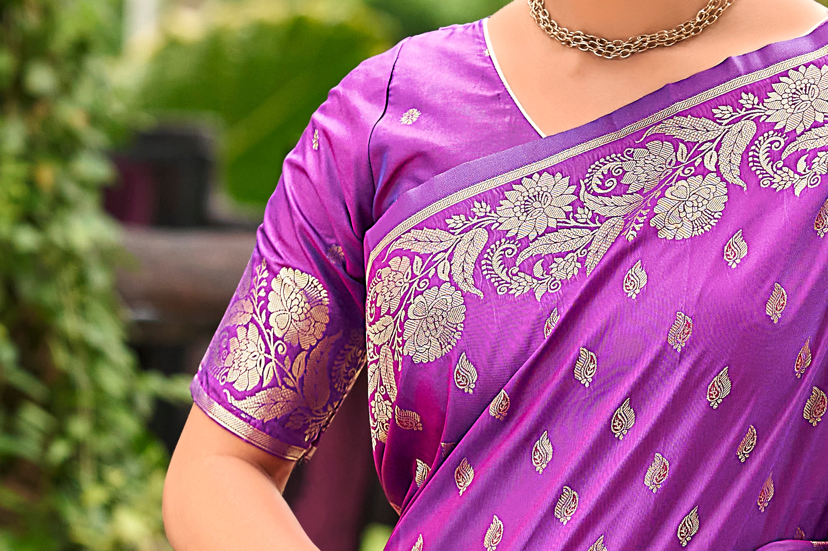 Violet Banarasi Silk Saree with Gold Zari Floral Border