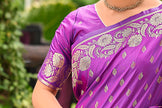 Violet Banarasi Silk Saree with Gold Zari Floral Border