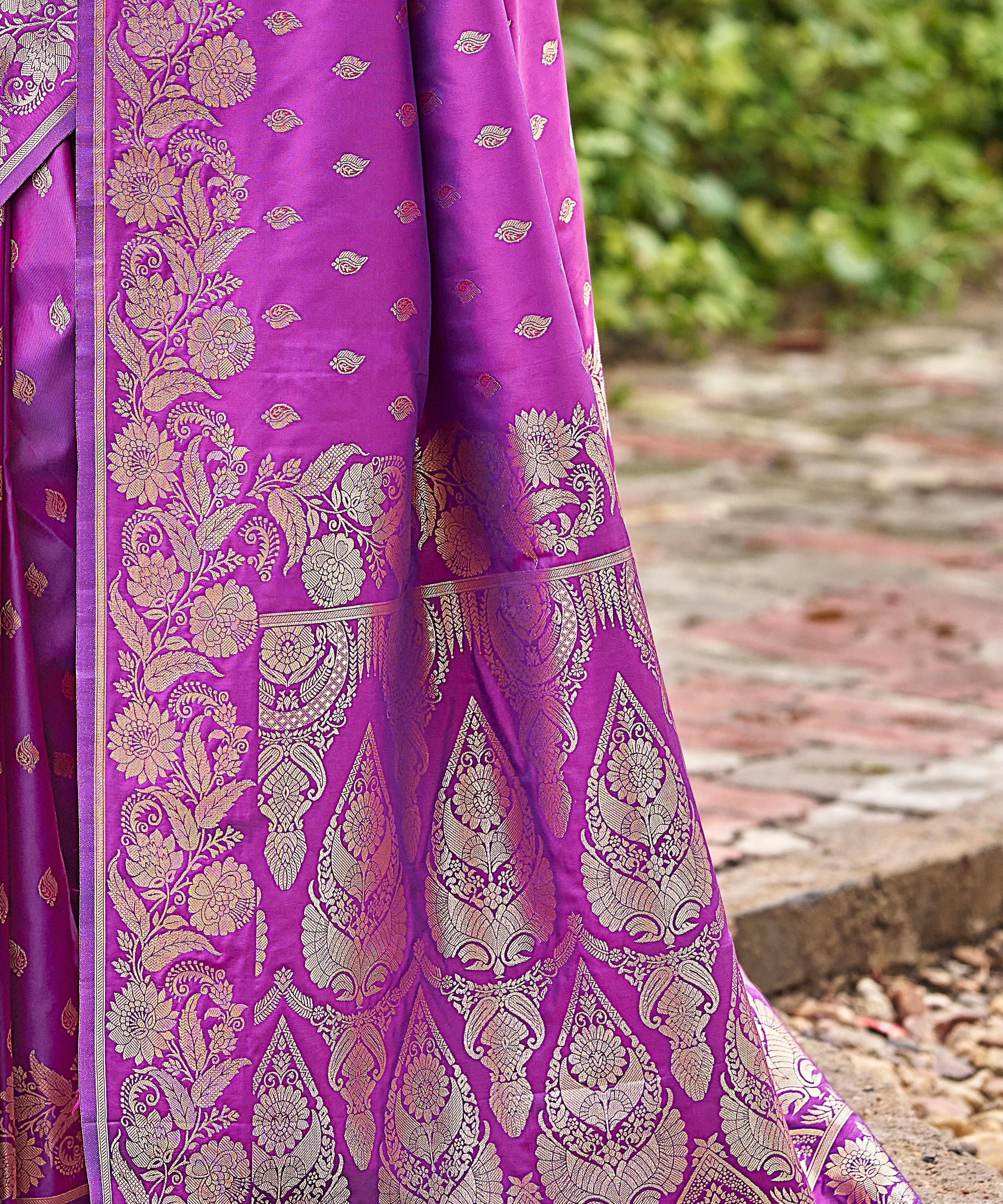 Violet Banarasi Silk Saree with Gold Zari Floral Border