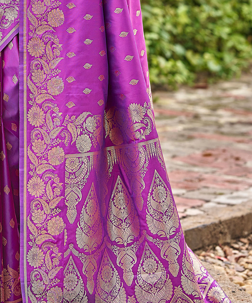 Violet Banarasi Silk Saree with Gold Zari Floral Border
