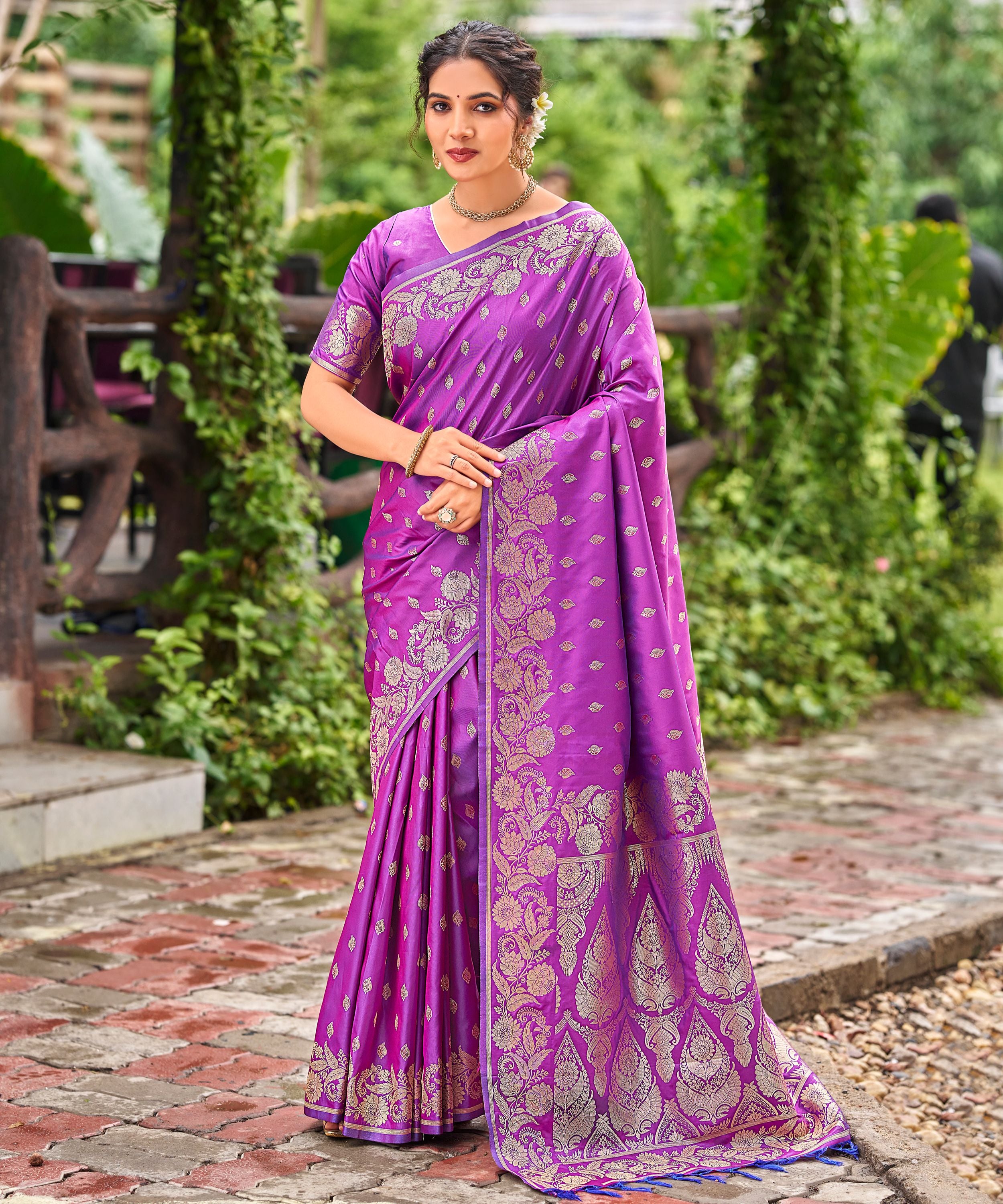 Violet Banarasi Silk Saree with Gold Zari Floral Border