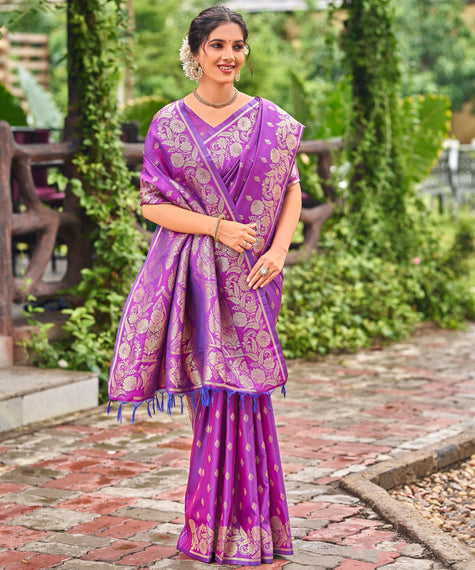 Violet Banarasi Silk Saree with Gold Zari Floral Border