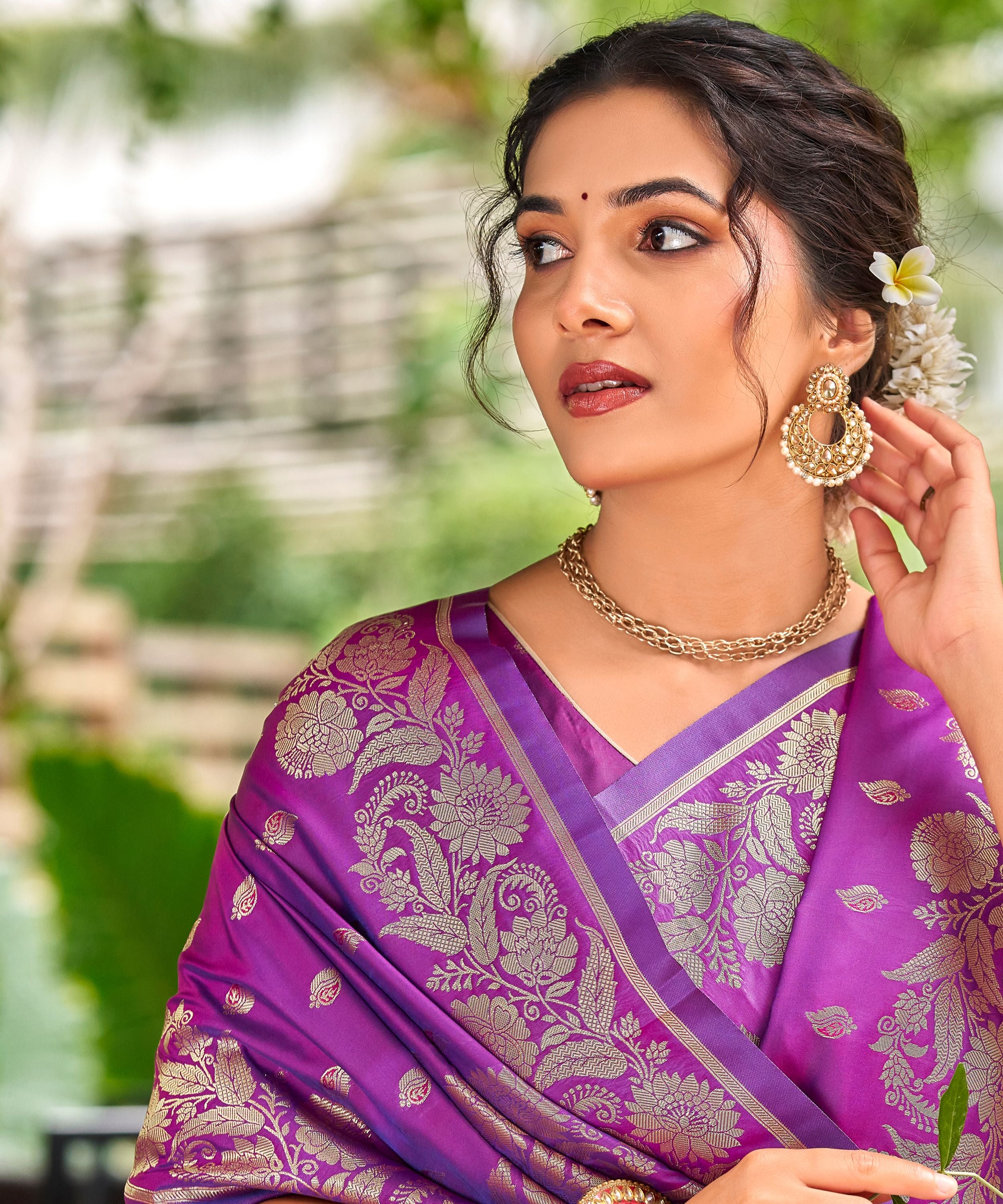 Violet Banarasi Silk Saree with Gold Zari Floral Border