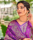 Violet Banarasi Silk Saree with Gold Zari Floral Border