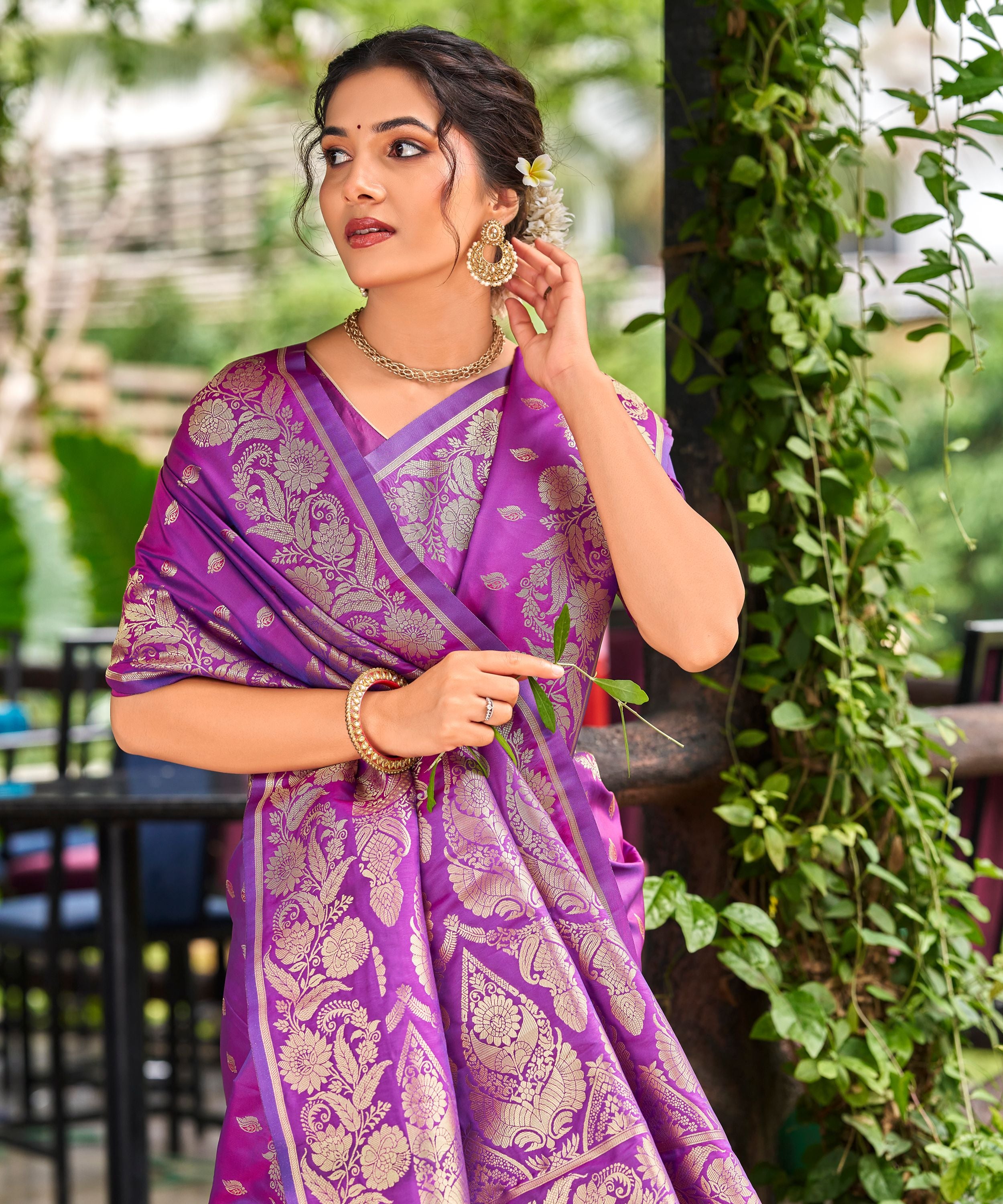 Violet Banarasi Silk Saree with Gold Zari Floral Border