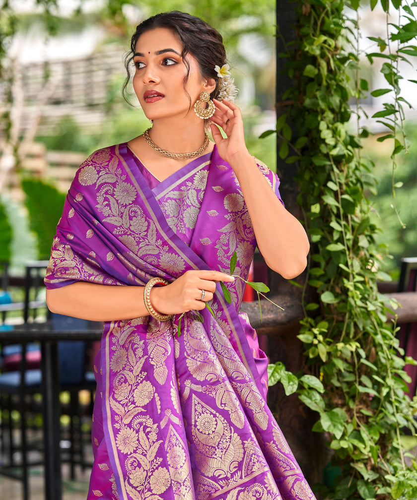 Violet Banarasi Silk Saree with Gold Zari Floral Border