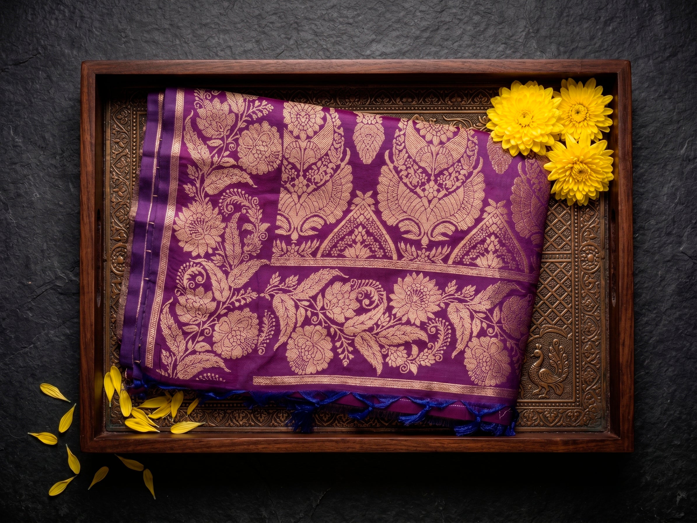 Violet Banarasi Silk Saree with Gold Zari Floral Border